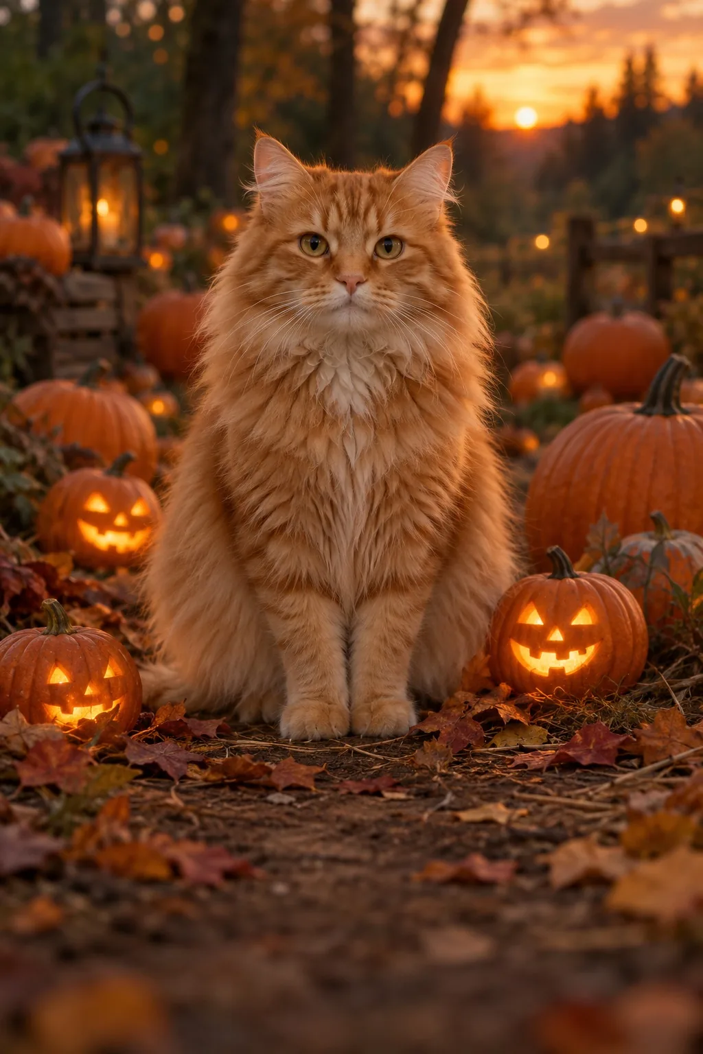 Illustrative orange cat surrounded by pumpkins and warm autumn light